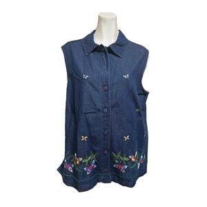 Allison Daley Denim Chambray Embroidered Butterfly Button Down Vest Size 16P